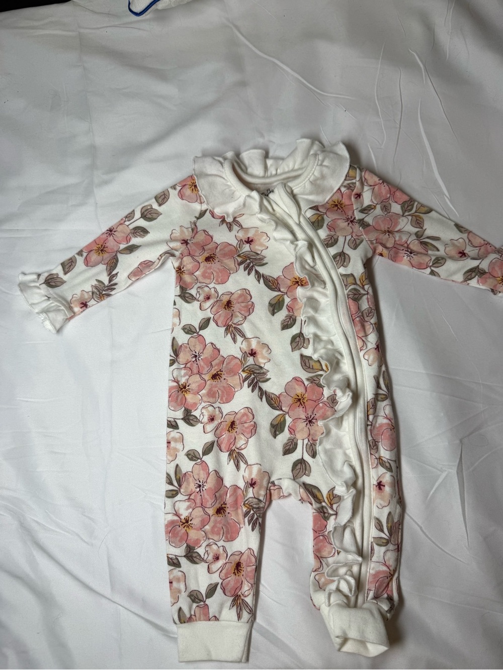 Baby Essentials Pink Floral Ruffle-Trim Footie One-Piece